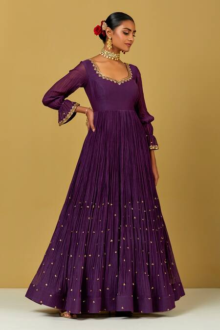 Buy Ikshita Choudhary Purple Chanderi Embroidery V-neck Anarkali With Dupatta Online at Aza Fashions Buy_Ikshita Choudhary_Purple Chanderi Embroidery V-neck Anarkali With Dupatta _Online_at_Aza_Fashions