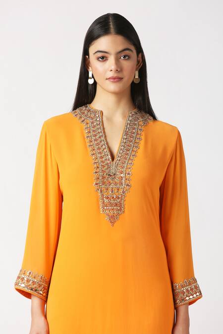 Buy_Labbada_Yellow Viscose Georgette Hand Embroidered Marodi V Neck Yoke Kurta Set_Online_at_Aza_Fashions