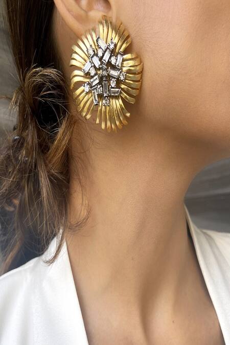 Buy_The Jewel Factor_Yellow Crystals Flower Petal Shaped Studs_Online_at_Aza_Fashions