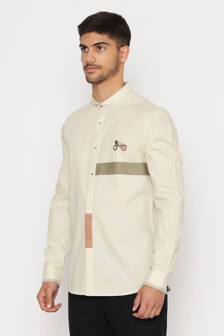 Buy_Lacquer Embassy_Green Cotton Embroidery Hand Bicycle Motif Shirt _Online_at_Aza_Fashions