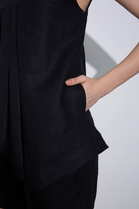 Buy_Pocketful Of Cherrie_Black Cotton Round Neck Asymmetric Top And High Waist Shorts_Online_at_Aza_Fashions