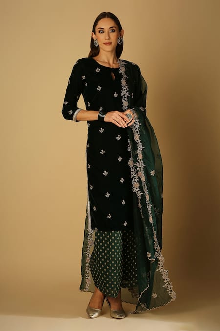 Buy_Monk & Mei By Sonia Anand_Green Velvet, Brocade, Georgette Embroidery Keyhole Neck Ruhani Kurta Set _Online_at_Aza_Fashions