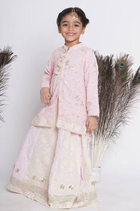 Buy_Little Bansi_Pink Cotton, Net Pearls, Gota Patti, Embroidered Floral Kurta Lehenga Set _Online_at_Aza_Fashions