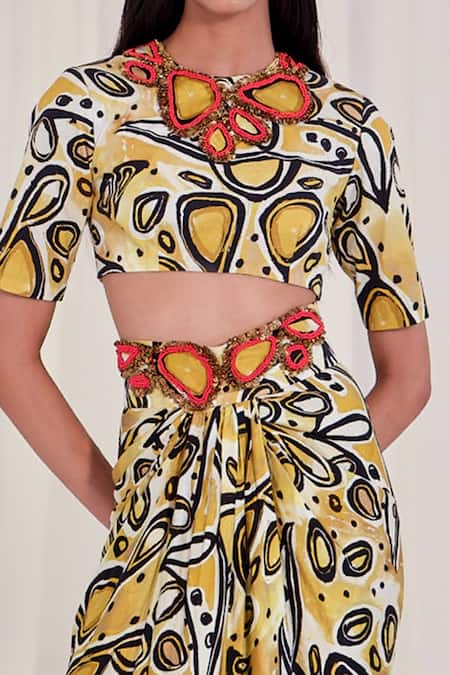 Buy AK-OK Black Silk Embroidery Round Neck Abstract Print Crop Top And Skirt Set Online at Aza Fashions Buy_AK-OK_Black Silk Embroidery Round Neck Abstract Print Crop Top And Skirt Set _Online_at_Aza_Fashions