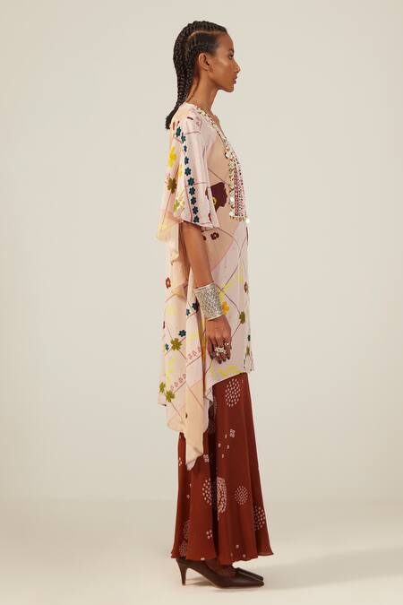 Buy_Amka_Beige Crepe Sequins, Beads Round Neck Ambar Printed Kurta And Sharara Set_Online_at_Aza_Fashions