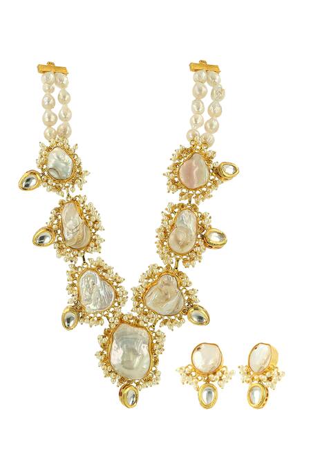 Buy Ishhaara Gold Plated Pearls Kundan Shell Necklace Set Online at Aza Fashions Buy_Ishhaara_Gold Plated Pearls Kundan Shell Necklace Set _Online_at_Aza_Fashions