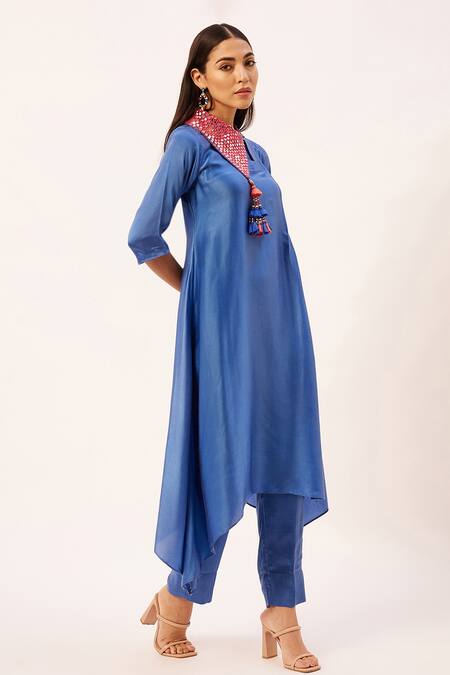 Buy Zariya The Label Blue Modal, Cotton, Satin Tassels Shawl Neck Asymmetric Hem Kurta With Pant Online at Aza Fashions Buy_Zariya The Label_Blue Modal, Cotton, Satin Tassels Shawl Neck Asymmetric Hem Kurta With Pant _Online_at_Aza_Fashions