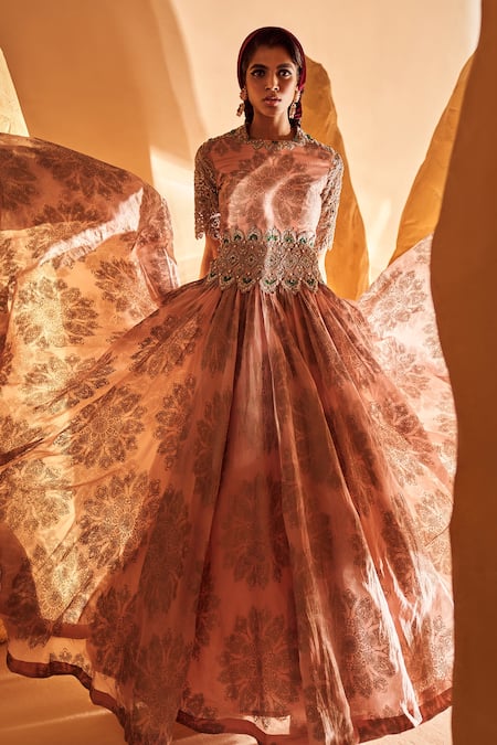 Buy_Bhumika Sharma_Pink Organza Embroidery, Pearls, Beads Round Neck Tara Print Anarkali With Belt _Online_at_Aza_Fashions