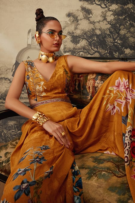 Buy Kalista Yellow Crepe Embroidery V-neck Freya Printed Sleeveless Jumpsuit Online at Aza Fashions Buy_Kalista_Yellow Crepe Embroidery V-neck Freya Printed Sleeveless Jumpsuit _Online_at_Aza_Fashions