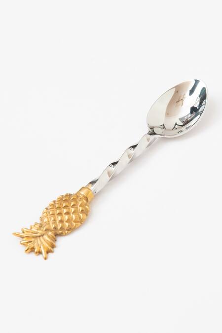 Buy_Table Manners_Gold Brass, Stainless Steel Set Of 4 Finding Pineapples Cutlery_Online_at_Aza_Fashions