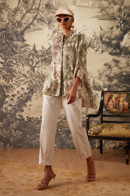 Buy Kalista Ivory Cotton Satin, Viscose Mandarin Camila Tropical Pattern Tunic And Pant Set Online at Aza Fashions Buy_Kalista_Ivory Cotton Satin, Viscose Mandarin Camila Tropical Pattern Tunic And Pant Set _Online_at_Aza_Fashions