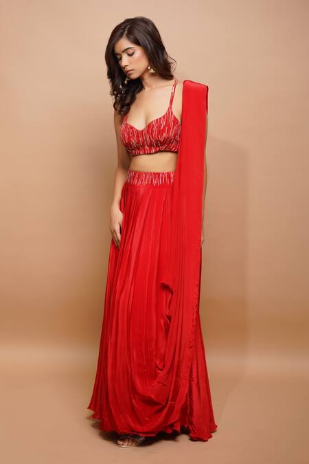 Shop Ahi Clothing Red Crepe Sequins, Cut Work, Zari Hand Embroidered Bustier And Lehenga Set Online at Aza Fashions Shop_Ahi Clothing_Red Crepe Sequins, Cut Work, Zari Hand Embroidered Bustier And Lehenga Set _Online_at_Aza_Fashions