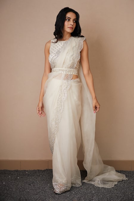 Buy_ASTHA NARANG_White Organza, Crepe Sequins, Cut Work, Zari, Scallop Border Saree With Blouse _Online_at_Aza_Fashions