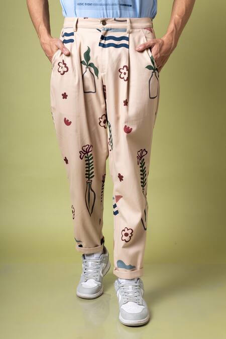 Buy_Doodlage_Beige Twill Printed Abstract Darius Pleated Pant_Online_at_Aza_Fashions