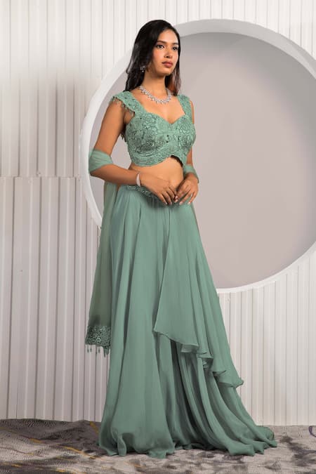 Buy_Jade By Ashima_Green Georgette, Crepe, Organza Beads, Ruffle Draped Skirt Blouse Set _Online_at_Aza_Fashions