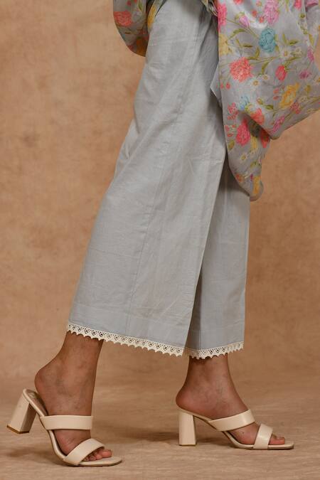 Buy_Ekavira_Grey Chanderi Lace V-neck Printed V Anarkali Set_Online_at_Aza_Fashions