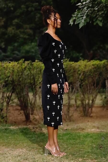 Buy_Zwaan_Black Velvet Stones, Pearls Scoop Neck Embellished Dress_Online_at_Aza_Fashions