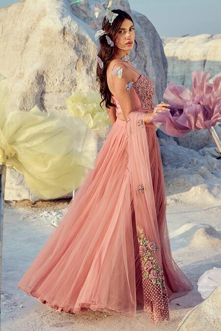 Buy_Nikita Vishakha_Pink Organza, Net, Jacquard, Chiffon Embroidery, Hand Mesh Blouse Lehenga Set _Online_at_Aza_Fashions