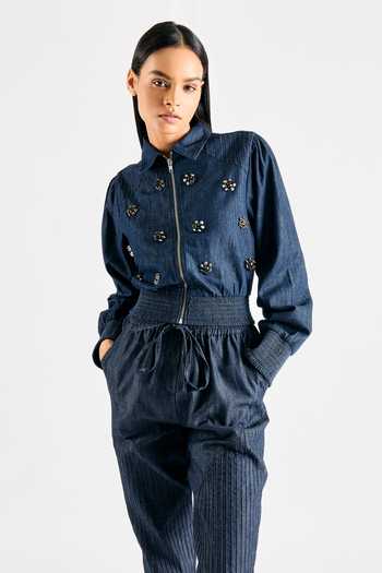 Buy Mellowdrama Blue Tencel, Denim Collared Embellished Jacket And Pant Set Online at Aza Fashions Buy_Mellowdrama_Blue Tencel, Denim Collared Embellished Jacket And Pant Set_Online_at_Aza_Fashions