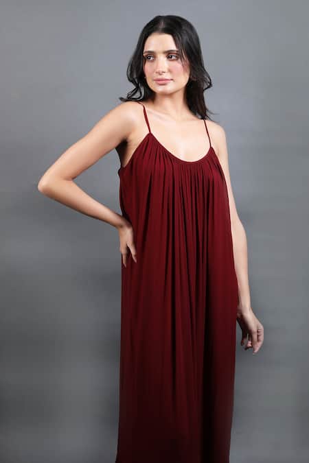 Buy_Swatee Singh_Maroon Georgette Round Neck Pleated Hem Gown _Online_at_Aza_Fashions