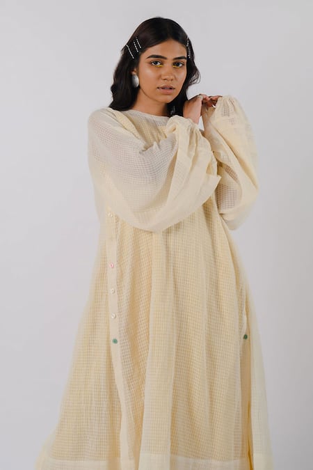 Buy_Tussah By Siddhi Shah_Yellow Cotton Embroidery Round Neck Solid Dress With Printed Overlay _Online_at_Aza_Fashions
