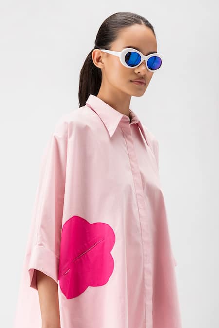 Buy_Genes Lecoanet Hemant_Pink , Satin Embroidery Collared Floral Applique Work Shirt_Online_at_Aza_Fashions