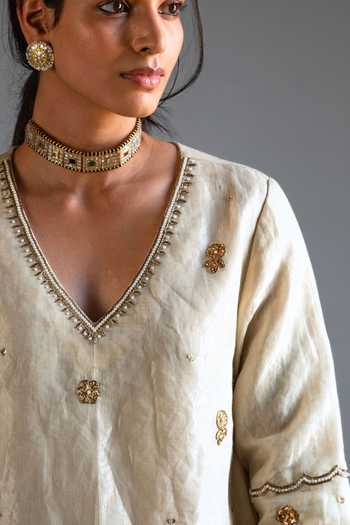 Buy_Shorshe Clothing_Ivory Handloom Cotton Embroidery, Lace Tissue Straight Kurta And Gharara Set _Online_at_Aza_Fashions