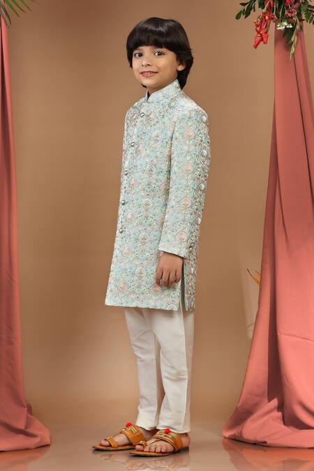 Buy_Kora By Nilesh Mitesh_Green Silk, Cotton Embroidery, Sequins Vintage Resham Sherwani Set_Online_at_Aza_Fashions