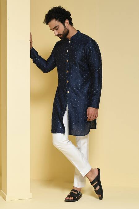 Buy_Kustomeyes_Blue Silk Sequins Embroidered Kurta And Pant Set_Online_at_Aza_Fashions