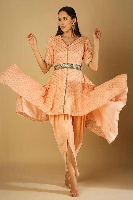 Monk & Mei By Sonia Anand_Peach Velvet, Brocade, Georgette Sequins, Zari Tamanna Kurta And Dhoti Pant Set _Online_at_Aza_Fashions