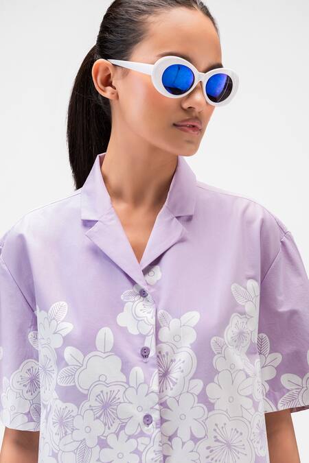 Buy_Genes Lecoanet Hemant_Purple , Satin Collared Floral Print Cuban Shirt_Online_at_Aza_Fashions