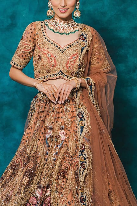 Buy_Mehar_Brown Net Sequins, Crystals, Cut Work, Birds And Floral Hand Bridal Lehenga Set _Online_at_Aza_Fashions