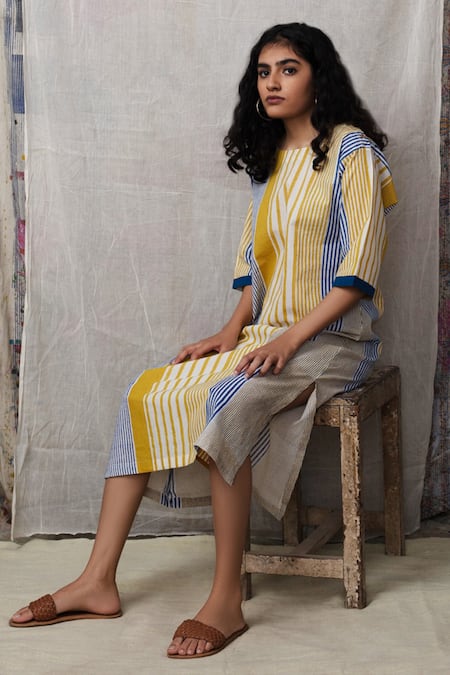 Buy_Banana Labs_Blue Cotton Stripe Round Printed Dress With Overshirt _Online_at_Aza_Fashions