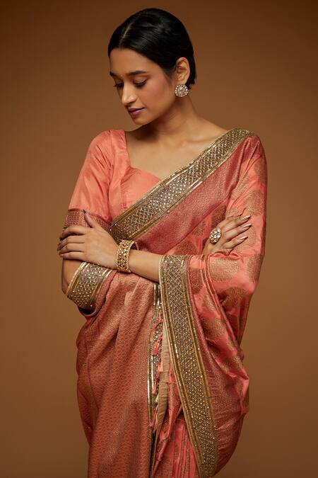 Buy_Neeta Lulla_Orange Brocade Zari, Embroidery Sweetheart Neck Mandala Zardozi Banarasi Saree_Online_at_Aza_Fashions