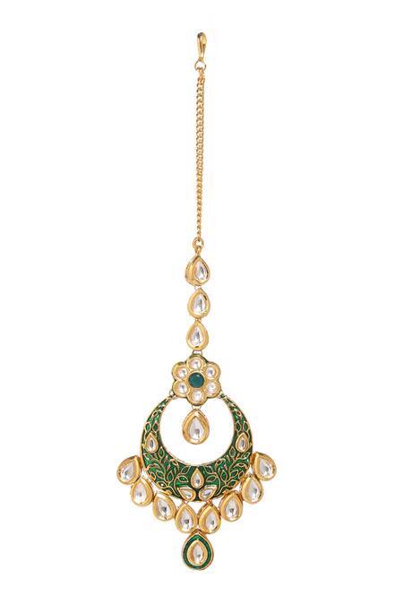 Shop_Minaki_Green Metallic Thread, Diamonds Meenakari Work Necklace Set_Online_at_Aza_Fashions