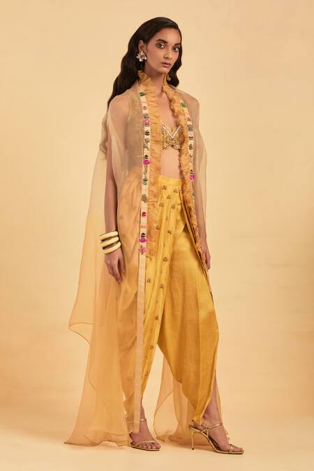 Buy Aum By Asit And Ashima Yellow Modal Satin Embroidery Flower V Neck Organza Cape Dhoti Pant Set Online at Aza Fashions Buy_Aum By Asit And Ashima_Yellow Modal Satin Embroidery Flower V Neck Organza Cape Dhoti Pant Set_Online_at_Aza_Fashions