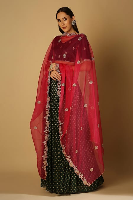 Buy_MONK & MEI BY SONIA ANAND_Green Organza, Velvet, Brocade Embroidery, Zari V-neck Roza Woven Lehenga Set _Online_at_Aza_Fashions