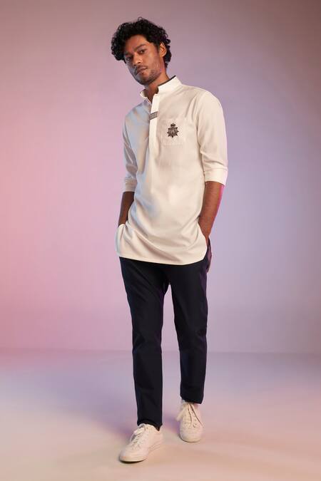 Buy_S&N By Shantnu Nikhil_White Terylene Crested Short Kurta_Online_at_Aza_Fashions