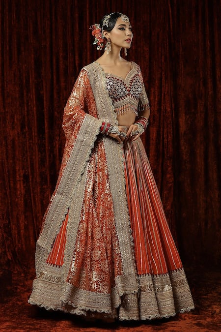 Shikhar Sharma Orange Lehenga And Blouse Silk Chanderi Embroidered Gota Sunset Bridal Set Online at Aza Fashions Shikhar Sharma_Orange Lehenga And Blouse Silk Chanderi Embroidered Gota Sunset Bridal Set _Online_at_Aza_Fashions