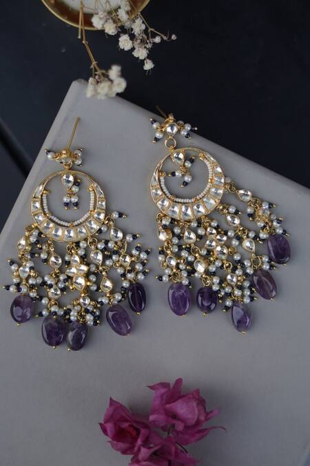 Paisley Pop_Gold Plated Gota Patti, Diamonds Kundan Chandbali Earrings _Online_at_Aza_Fashions