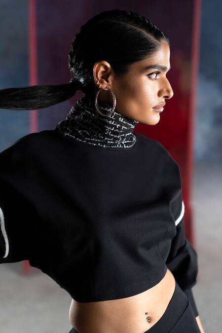 Buy_Pocketful Of Cherrie_Black Polyester Embroidery High Neck Ponte Full-sleeve Crop Top_Online_at_Aza_Fashions