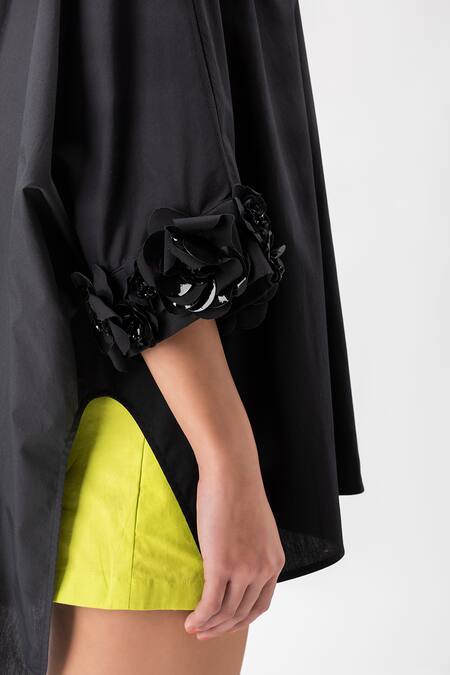 Buy_Genes Lecoanet Hemant_Black Cotton Embroidery Collared High Low Hem Shirt_Online_at_Aza_Fashions