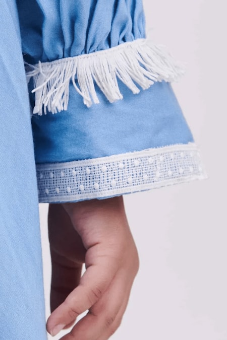 Buy_Littlecheer_Blue Cotton, Rayon Lace, Fringe Marshmallow Shirt Dress _Online_at_Aza_Fashions