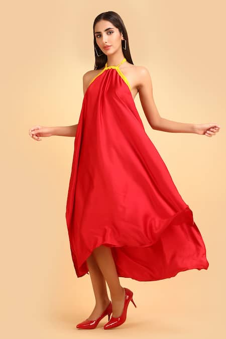Buy_Label Ivish_Red Silk Halter Neck Gathered Dress _Online_at_Aza_Fashions