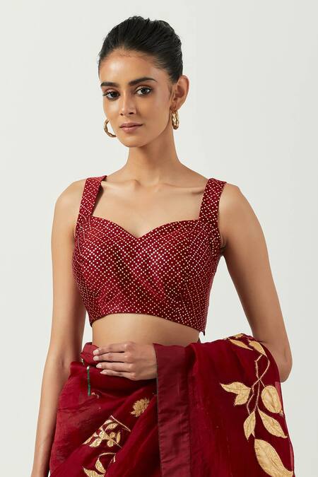 Shop_Label Earthen_Maroon Organza Applique Sweetheart Neck Chameli Embroidered Saree With Blouse _Online_at_Aza_Fashions