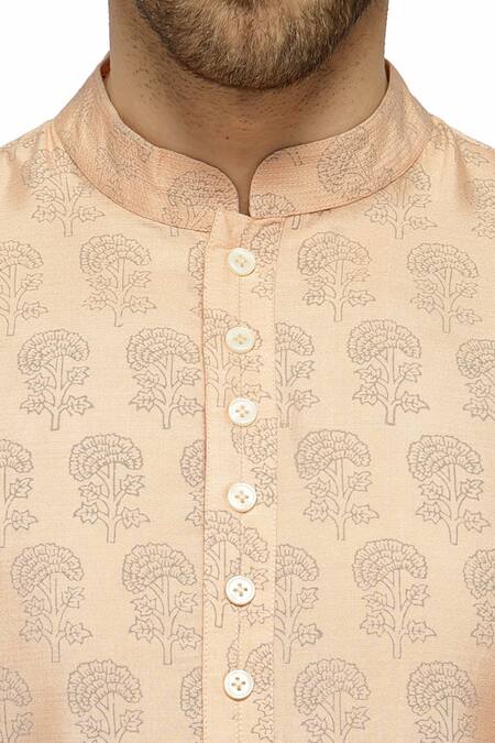 Buy_A!A By Abrar Ali_Peach Silk Katan Printed Floral Kurta And Churidar Set_Online_at_Aza_Fashions