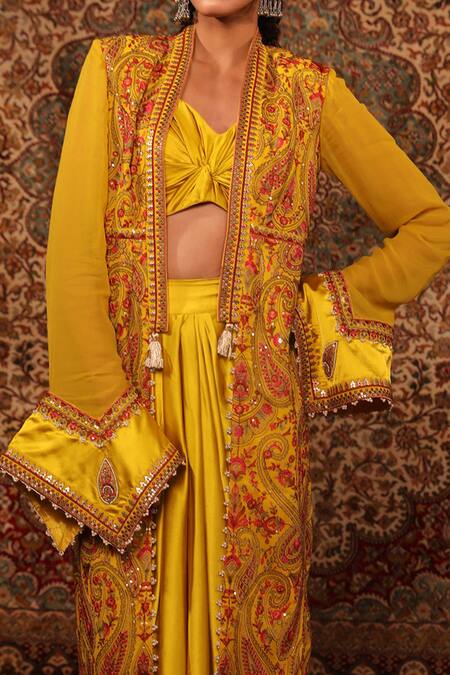 Buy_Aditi Gupta_Yellow Satin Woven And Embroidered Jamawar Pattern Kashida Work Draped Skirt Set _Online_at_Aza_Fashions