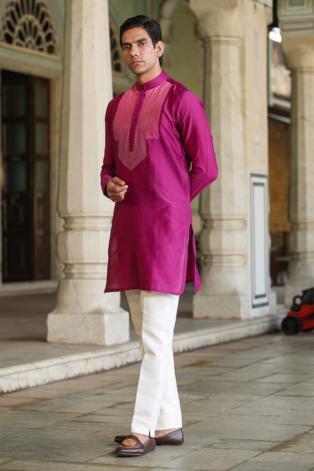 Buy_Raw & Rustic By Niti Bothra_Pink Chanderi Silk Embroidery Banarasi Kurta _Online_at_Aza_Fashions