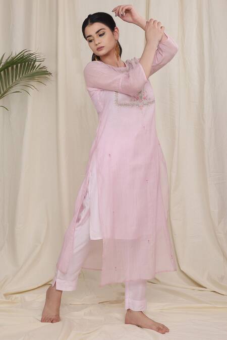 Buy_Tatwa_Pink Handloom Cotton, Viscose, Silk Embroidery Yoke Sequins Kurta And Pant Set _Online_at_Aza_Fashions