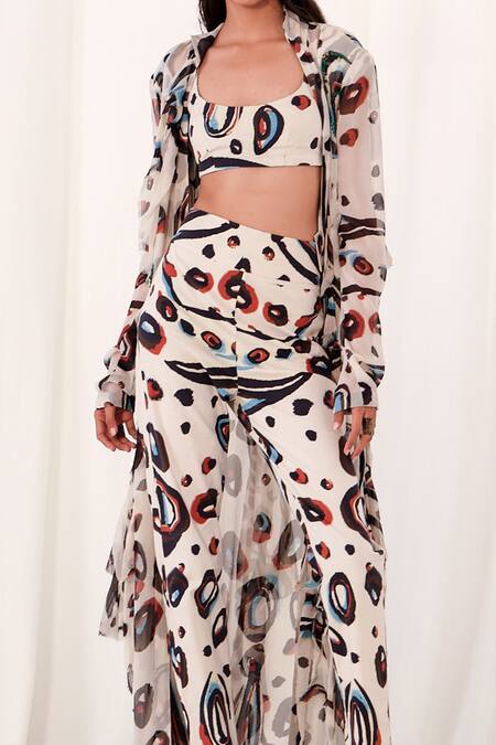 Buy AK-OK White Cotton Mandarin Collar, Round Neck Abstract Print Jacket Pant Set Online at Aza Fashions Buy_AK-OK_White Cotton Mandarin Collar, Round Neck Abstract Print Jacket Pant Set _Online_at_Aza_Fashions